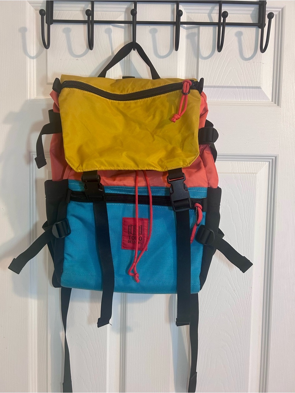 Topo Designs Rover Pack Classic Colorblock Roll-Top BackpackCoral, Teal & Yellow - Picture 2 of 8